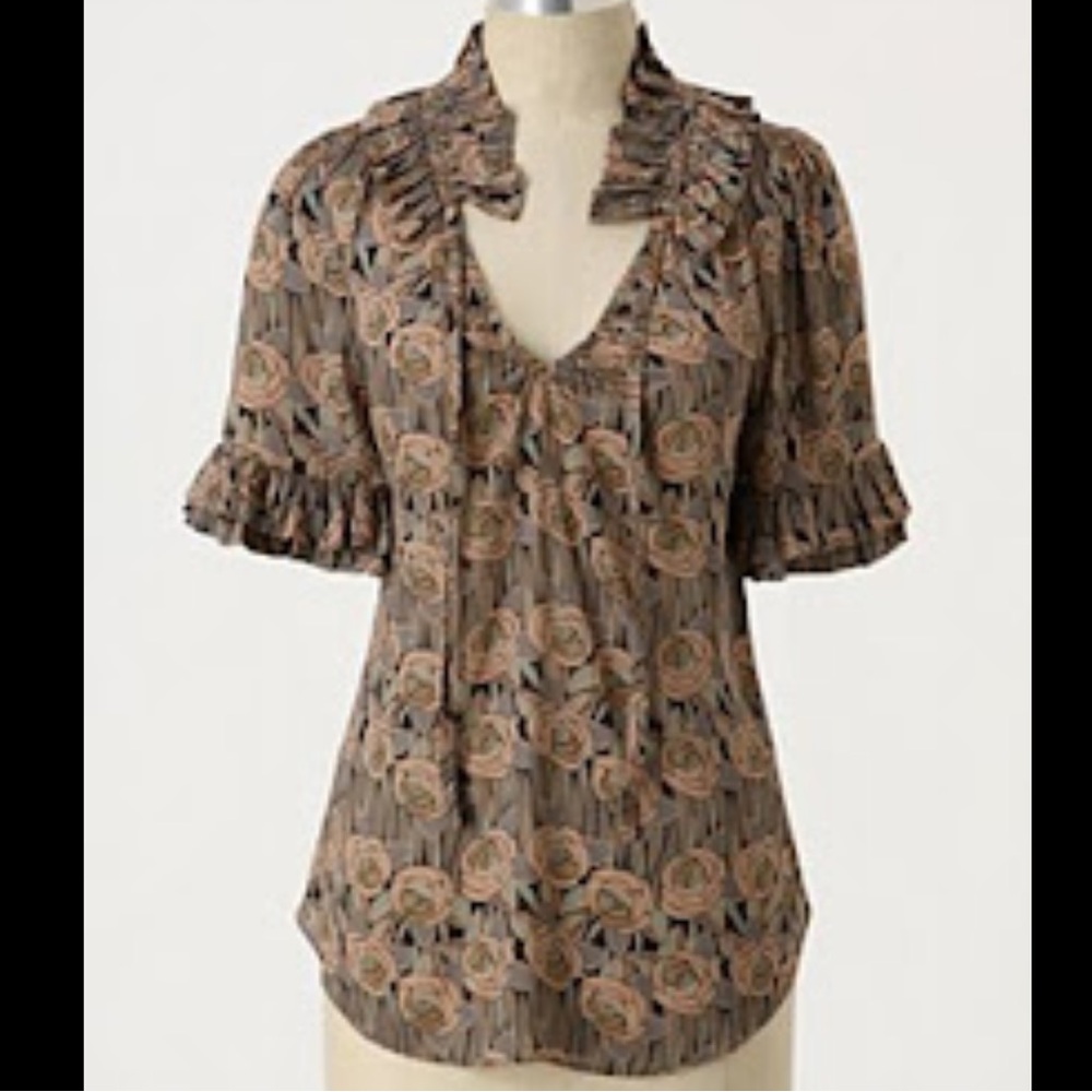 Anthropologie Odille Floral Short Sleeve Ruffle Blouse Sz 4